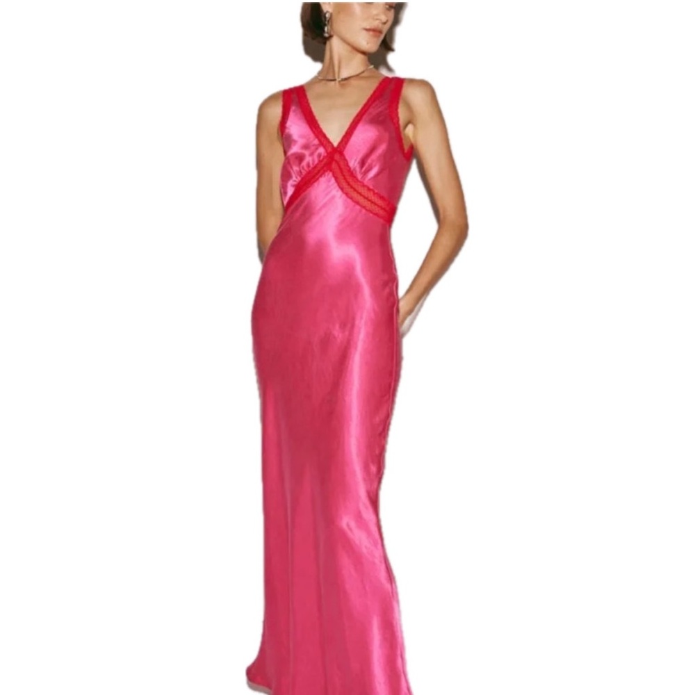 V-Neck Pink Satin Maxi Dress
